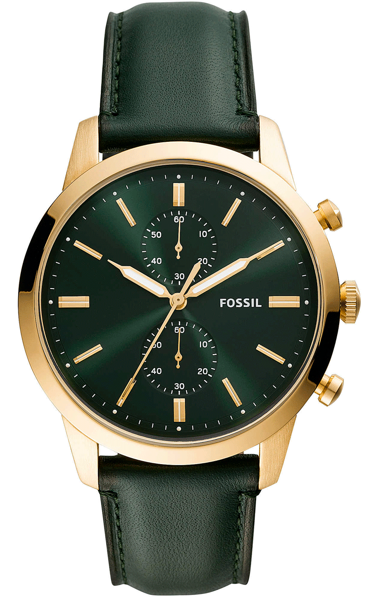 Fossil Townsman Chronograph with green dial, gold-tone case, and green leather strap