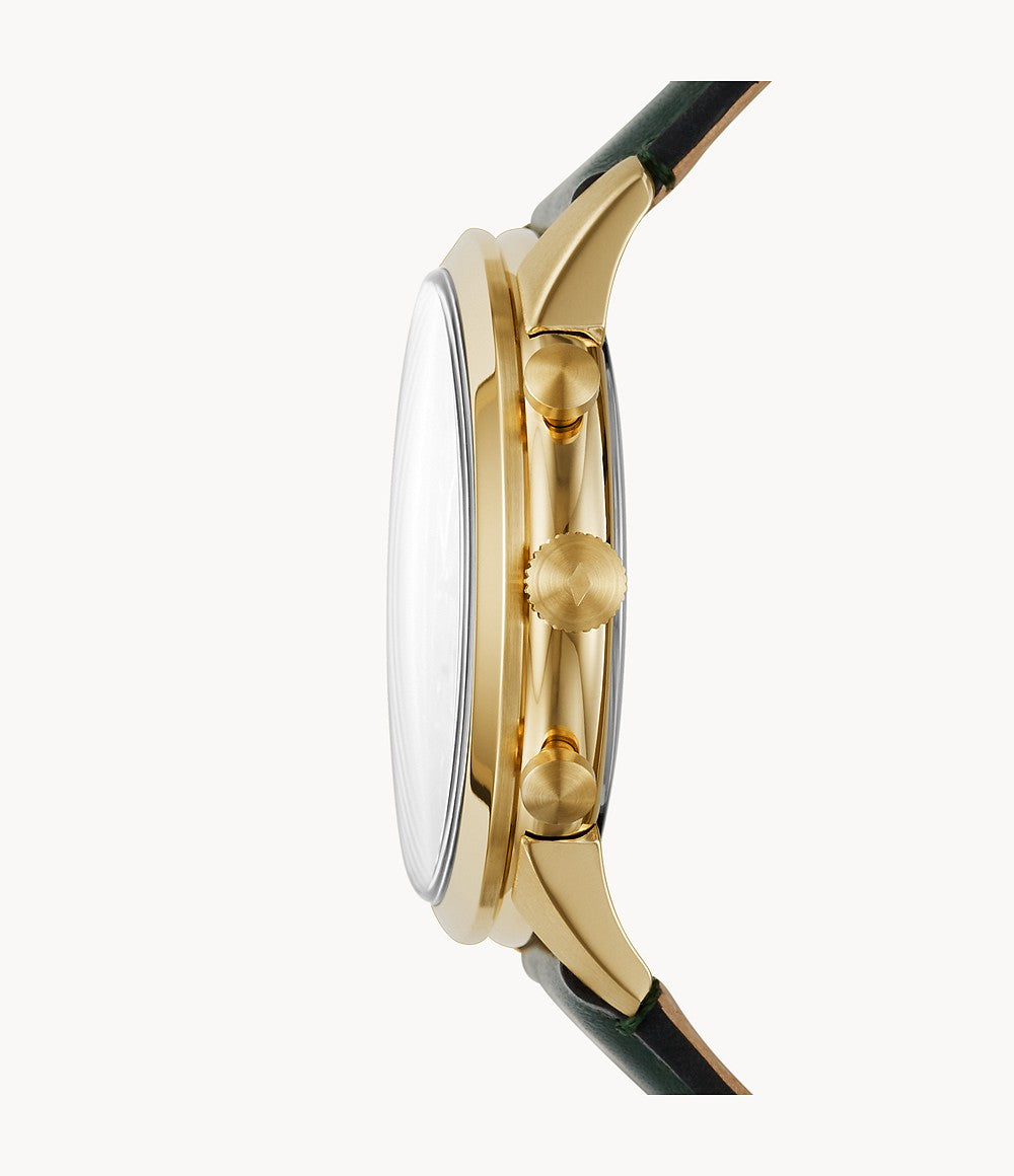 Side view of Fossil Townsman watch showing gold-tone case profile and green leather strap