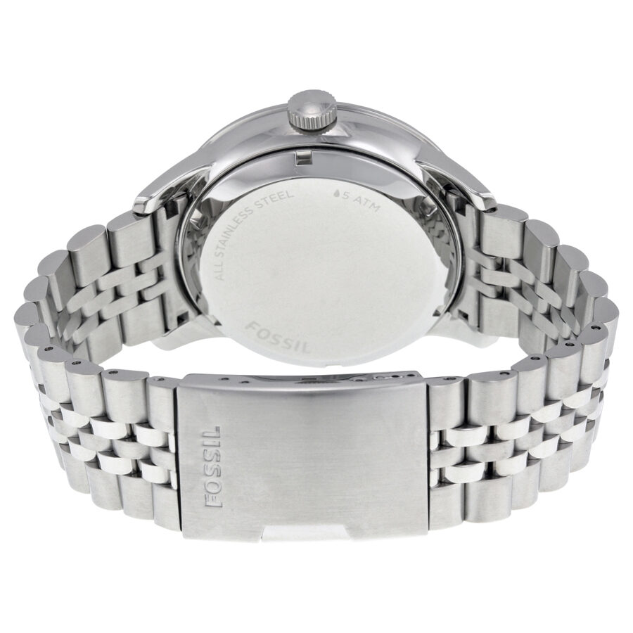 Fossil Townsman watch caseback showing stainless steel case back and bracelet clasp