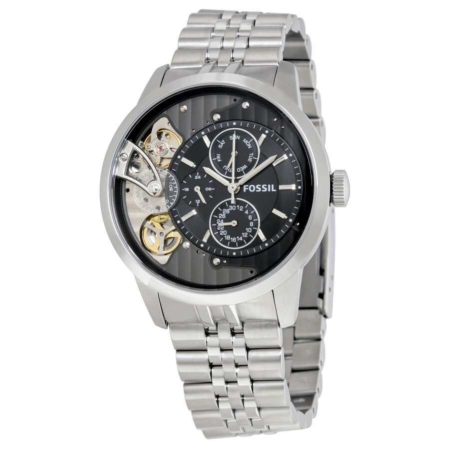 Fossil Townsman multi-function black dial men's watch with stainless steel case and bracelet, visible skeleton mechanism