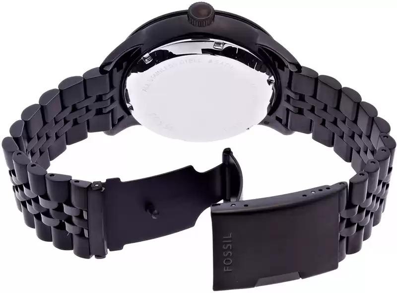 Back view of Fossil Townsman watch showing black stainless steel bracelet and fold-over clasp with Fossil branding