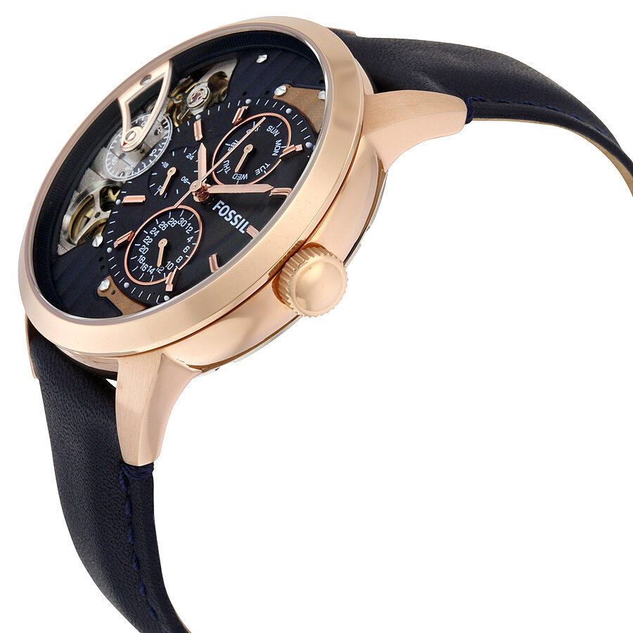 Fossil Townsman ME1138 watch side angle view showing rose gold case thickness and navy leather strap