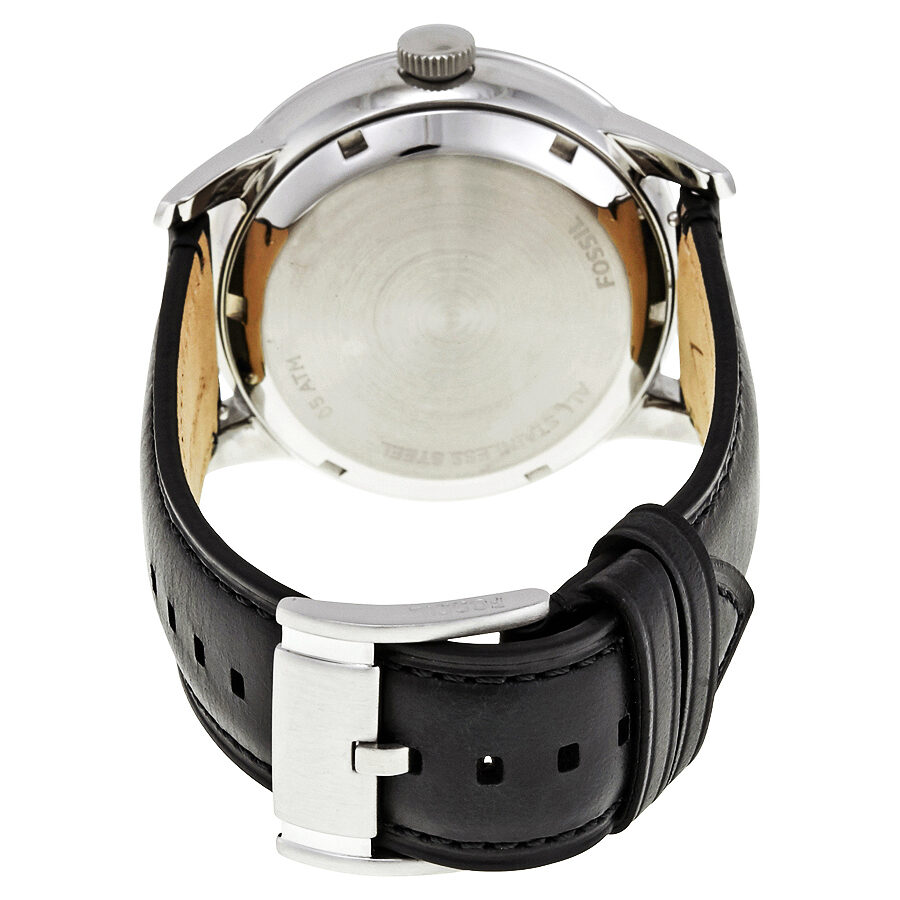 Fossil Townsman ME1164 case back showing stainless steel with tan leather and black strap details