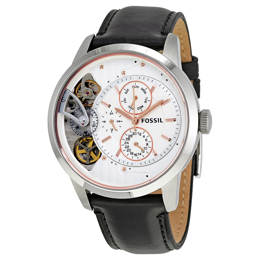 Fossil Townsman ME1164 white dial men's watch with black leather strap and visible automatic movement