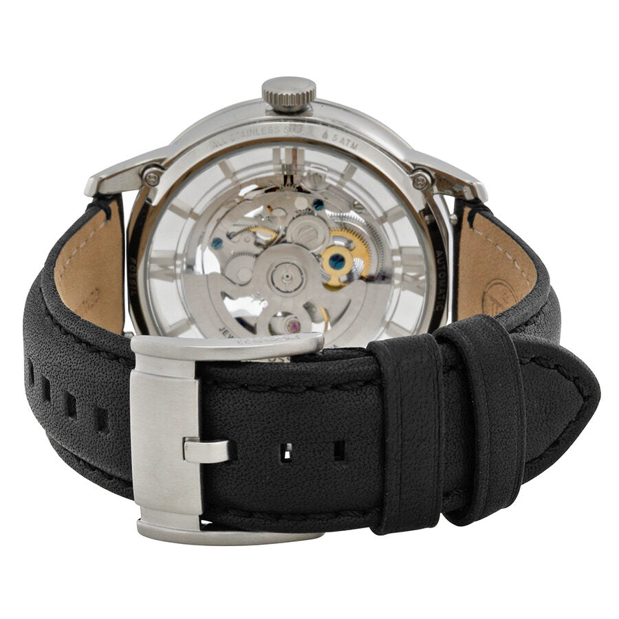 Fossil Townsman watch back view showing visible automatic movement and black leather strap