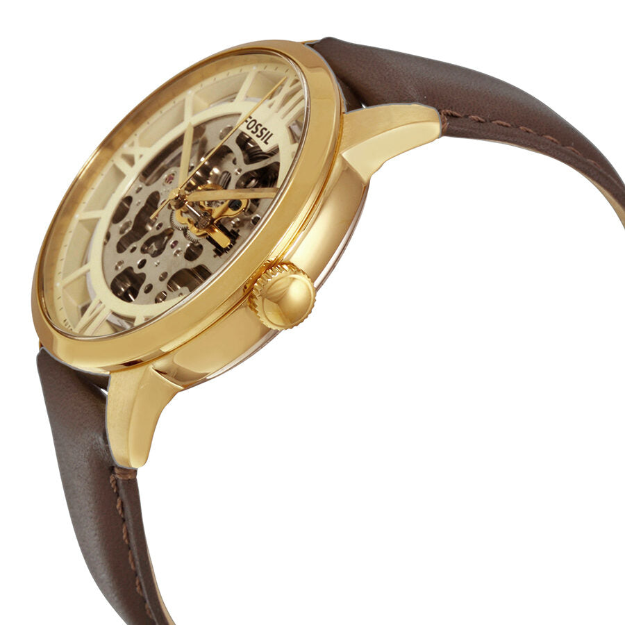 Side view of Fossil Townsman automatic watch with brown leather strap