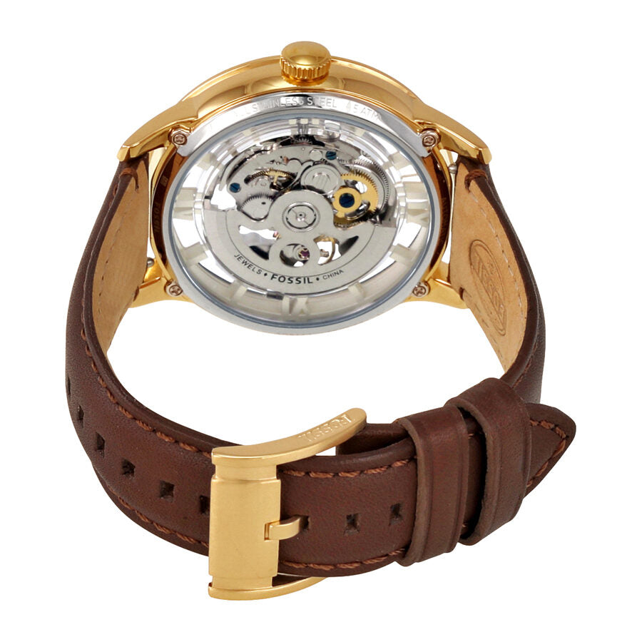 Caseback of Fossil Townsman watch showing automatic movement and transparent dial