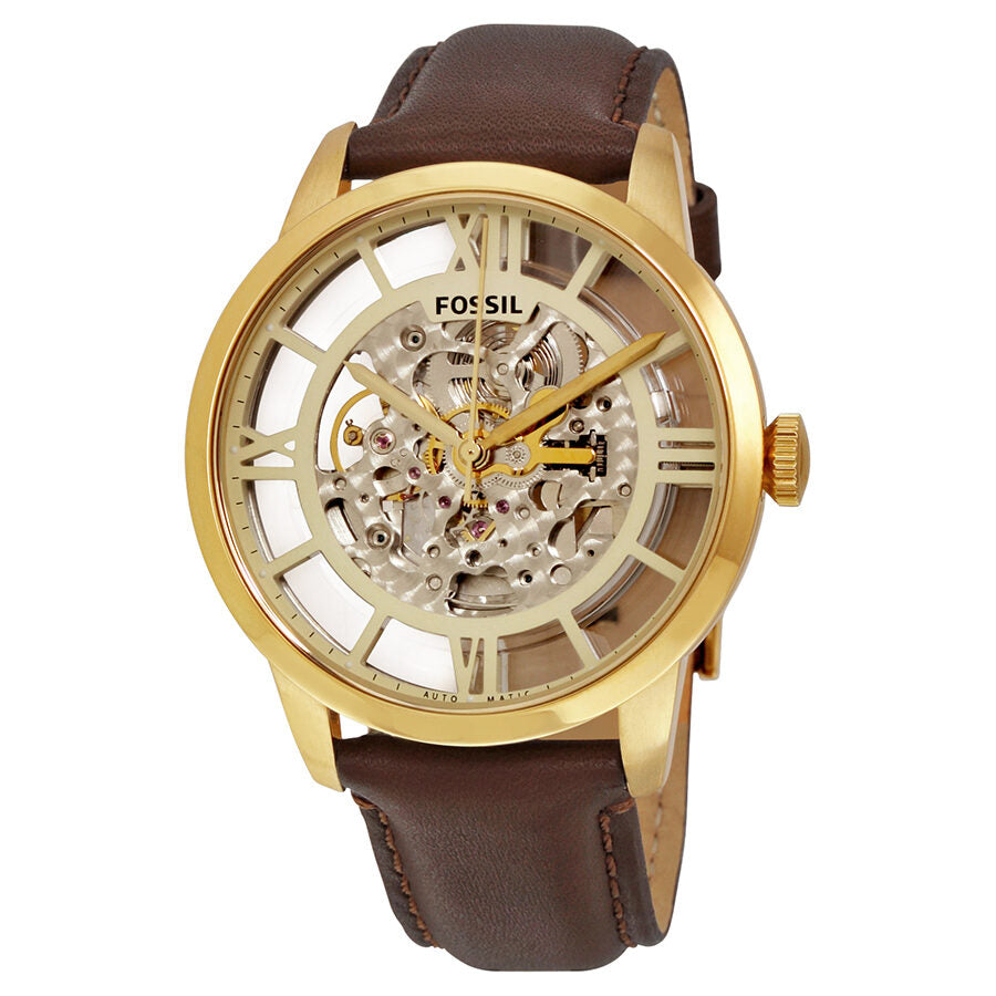 Fossil Townsman automatic watch with skeleton transparent dial and gold-tone case