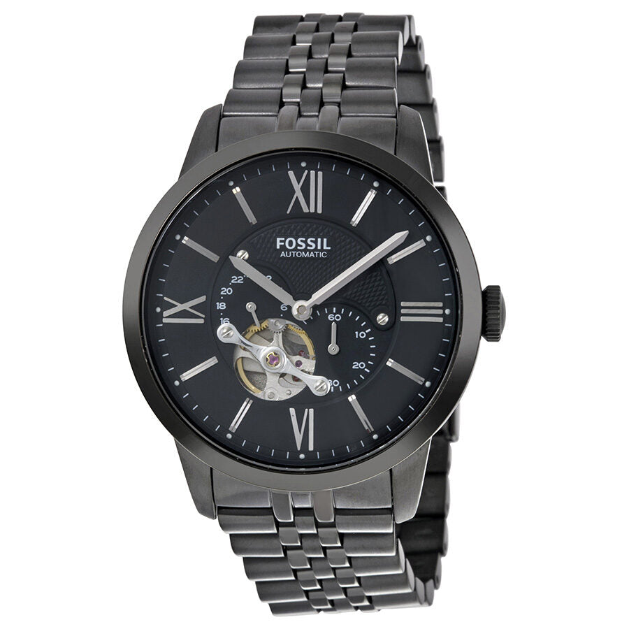 Fossil Townsman multi-function automatic black dial men's watch with visible skeleton mechanism and stainless steel bracelet