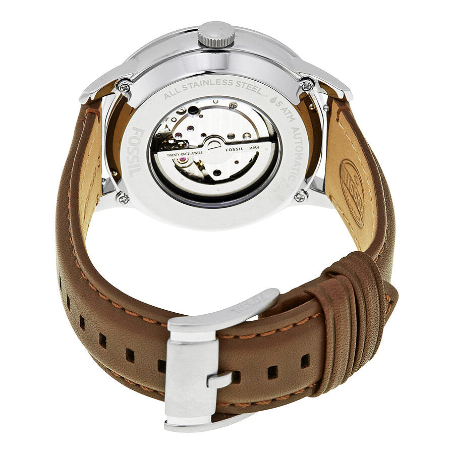 Fossil Townsman caseback displaying automatic mechanical movement through sapphire crystal