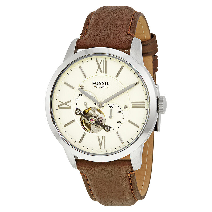 Fossil Townsman mechanical watch with cream dial, Roman numerals, and brown leather strap