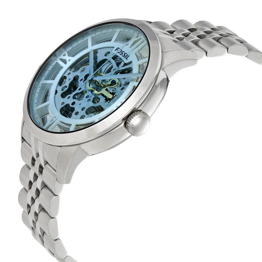 Fossil Townsman skeleton watch at angle showing stainless steel jubilee bracelet and dial
