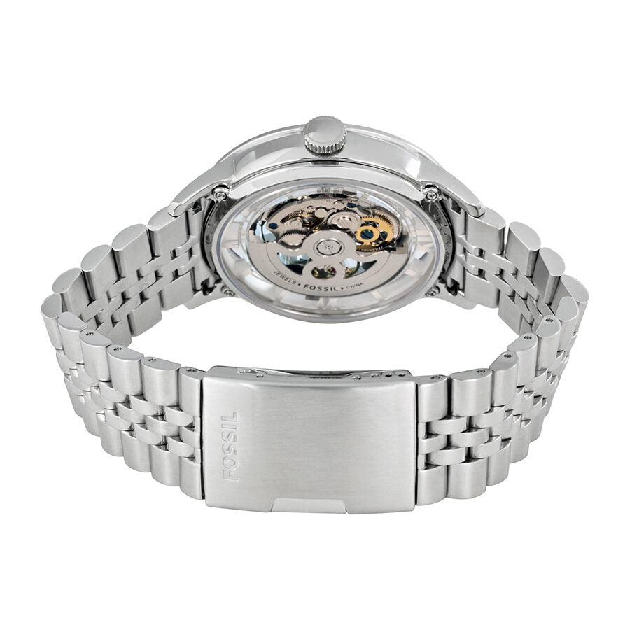 Fossil Townsman caseback display showing automatic mechanical movement and transparent crystal