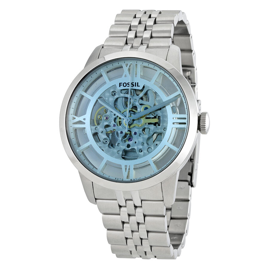 Fossil Townsman automatic skeleton dial men's watch with stainless steel bracelet and light blue dial