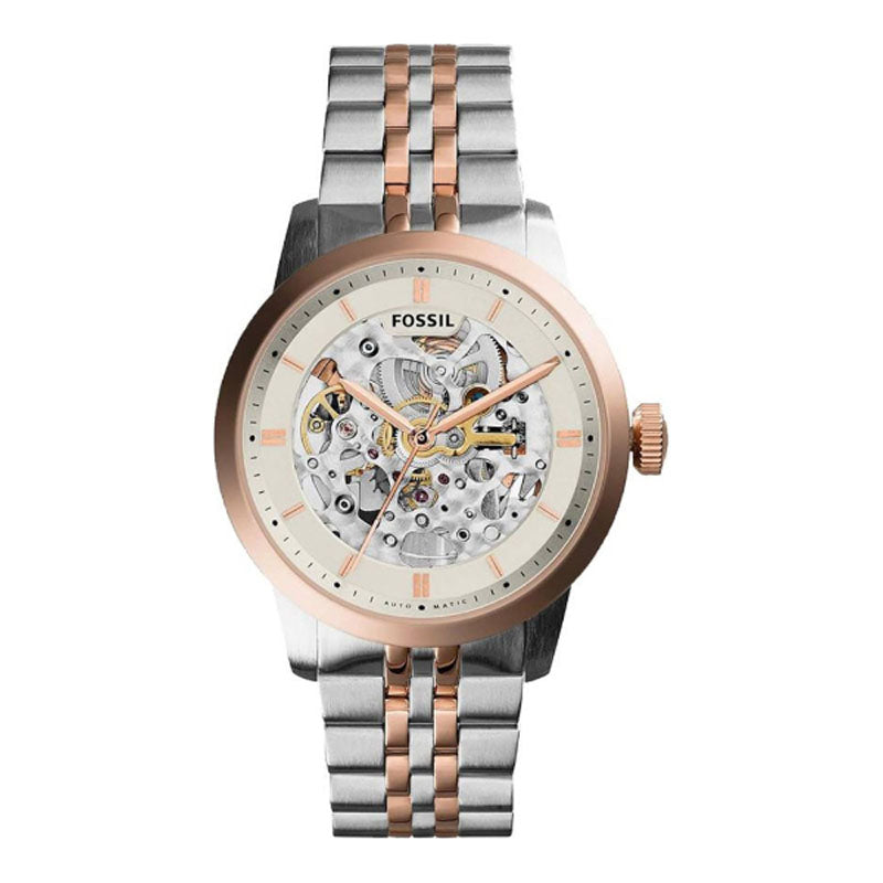 Fossil Townsman automatic watch with beige skeleton dial, rose gold and silver two-tone bracelet