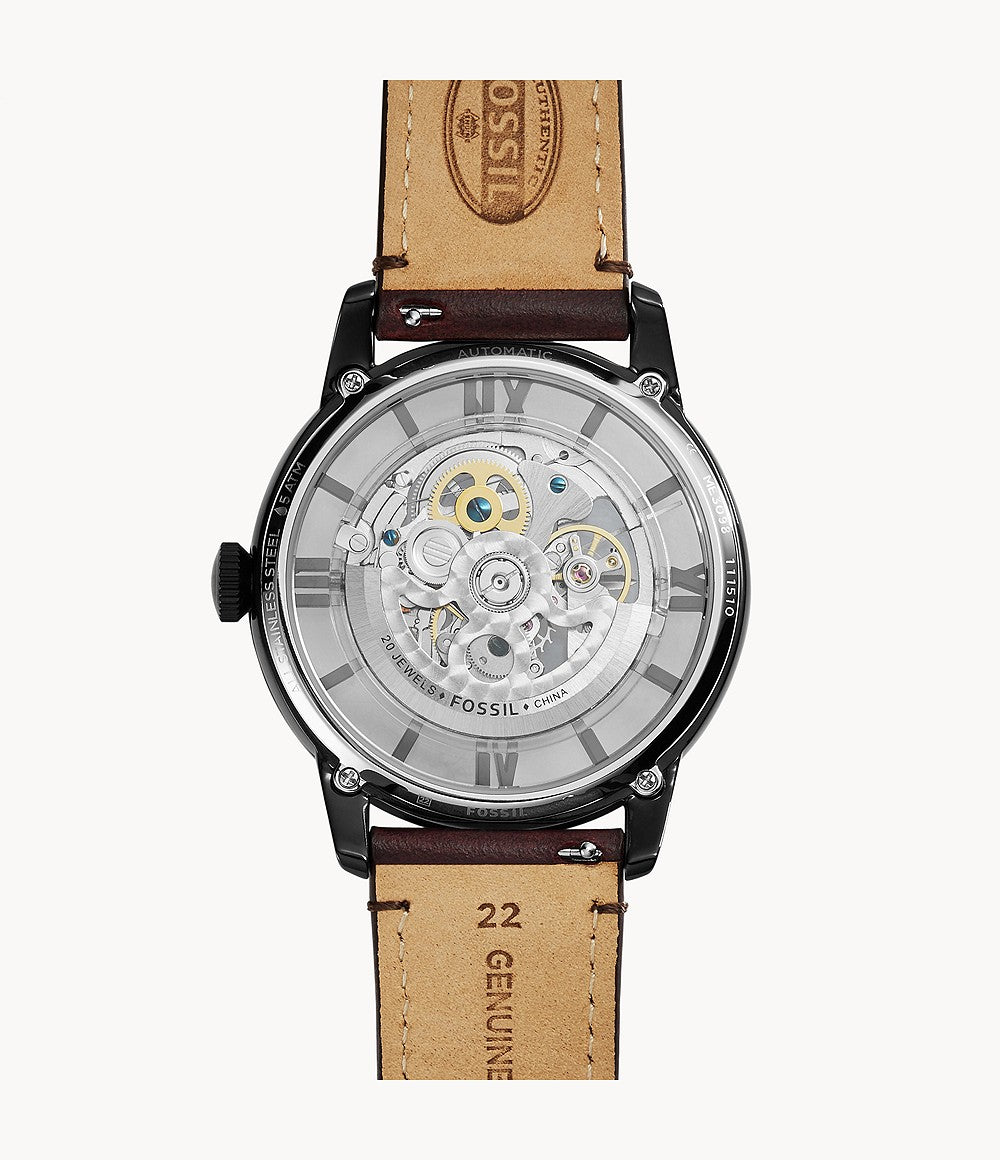 Fossil Townsman ME3078 with black case and tan leather strap showing skeleton dial from angle