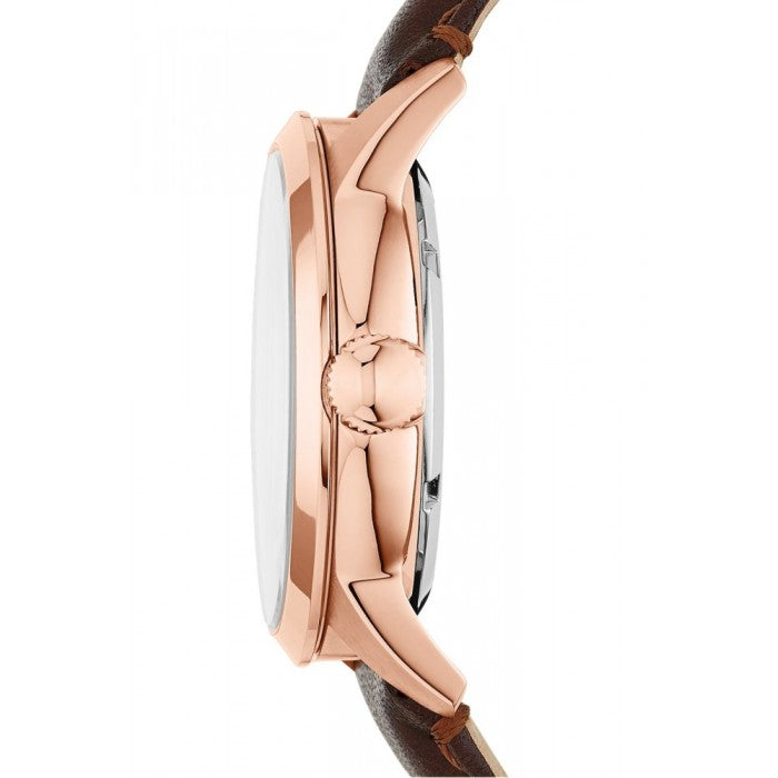 Fossil Townsman ME3078 right side profile showing rose gold case thickness and brown leather strap