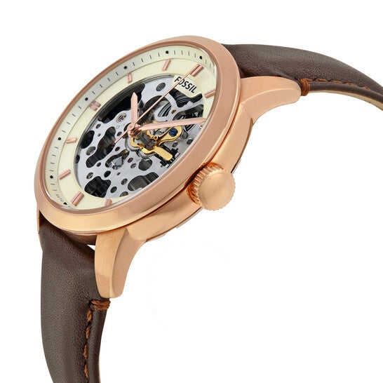 Fossil Townsman ME3078 side view with rose gold-tone case and visible crown on brown leather strap