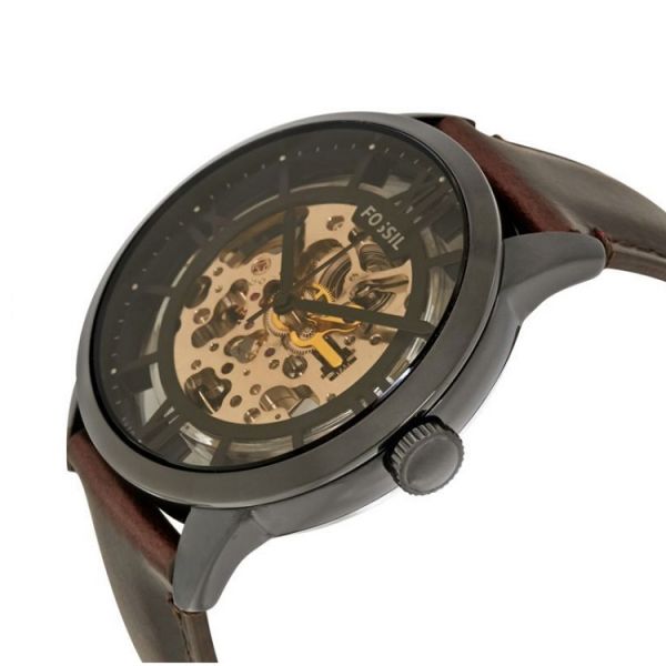 Fossil Townsman automatic skeleton dial men's watch angled view showing case and strap