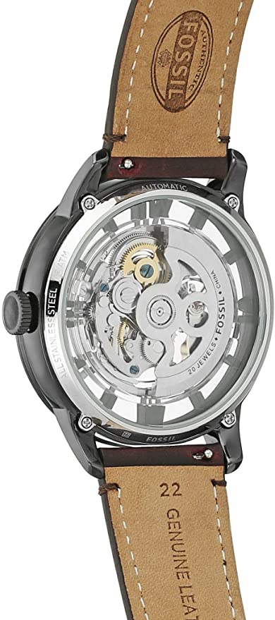 Fossil Townsman automatic watch caseback showing visible movement and mechanism