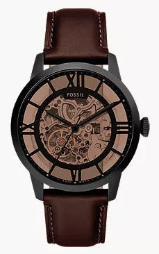 Fossil Townsman automatic men's watch with skeleton dial, black case, brown leather strap