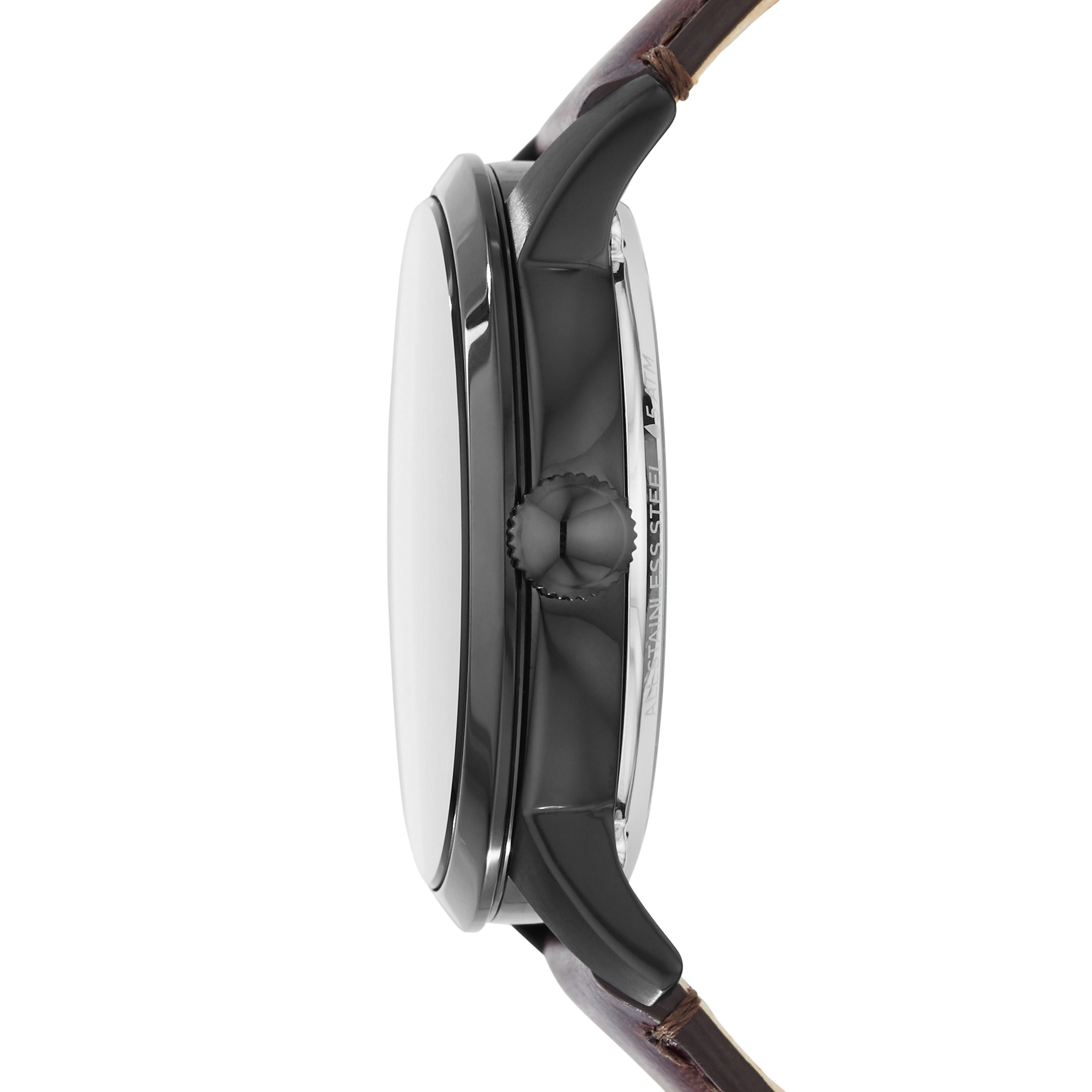 Fossil Townsman men's watch side profile showing case thickness and brown leather strap