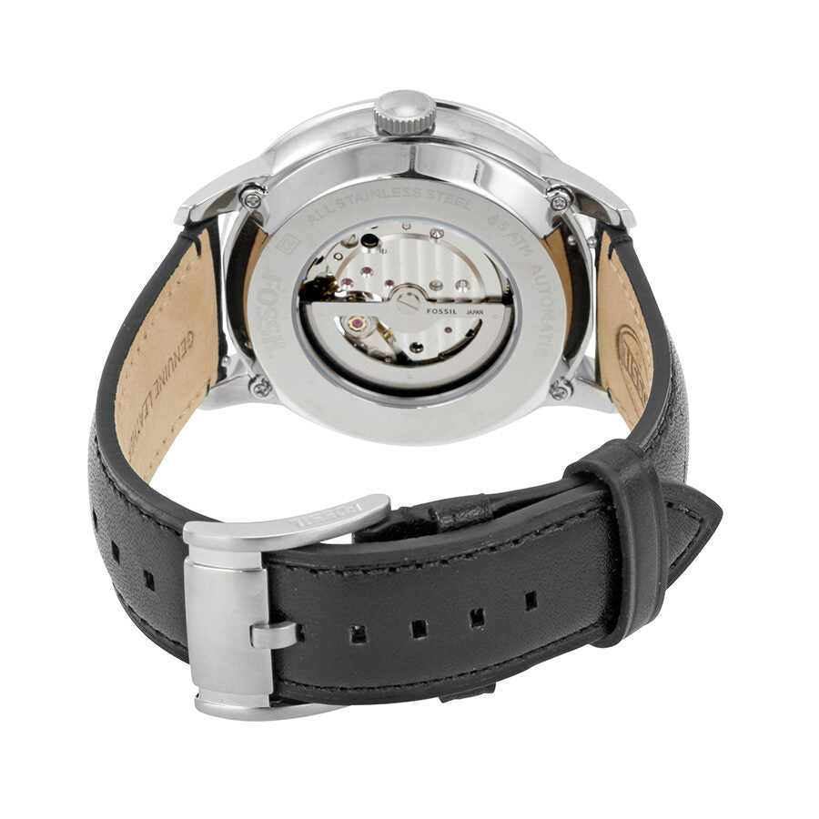 Fossil Townsman caseback showing automatic movement, stainless steel case, and black leather strap