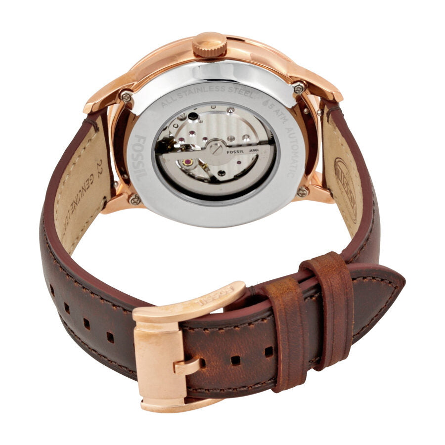 Fossil Townsman caseback showing automatic movement mechanism through transparent window