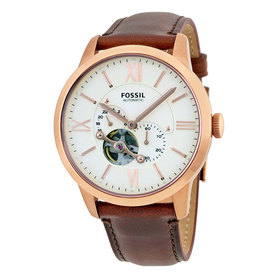 Fossil Townsman automatic watch with beige dial, rose gold case, and brown leather strap