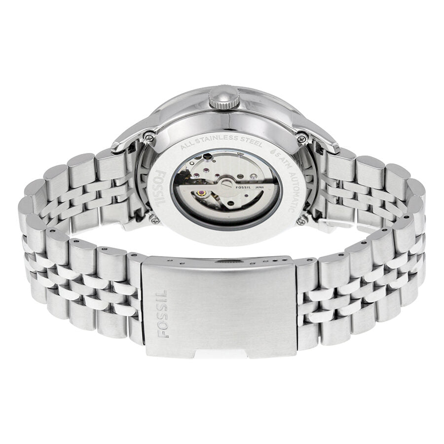Case back view of Fossil Townsman watch displaying automatic movement through transparent case back