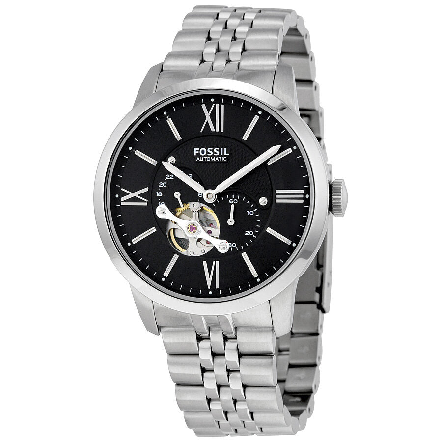 Fossil Townsman automatic watch with black dial, Roman numerals, and visible skeleton window on stainless steel bracelet