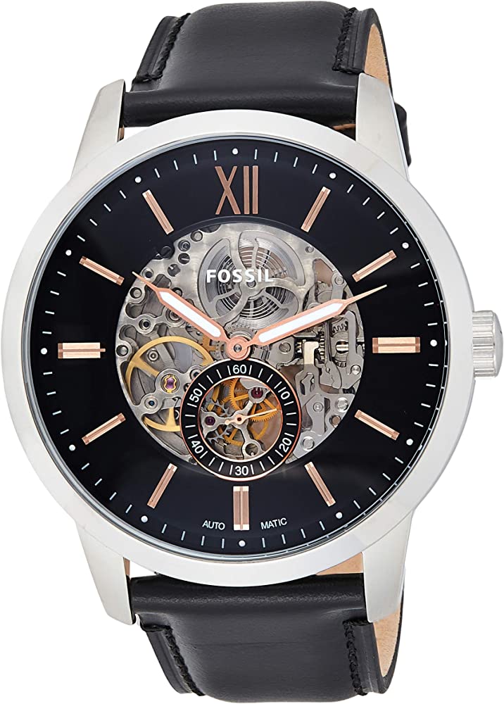Fossil Townsman skeleton dial automatic watch with black leather strap and silver case