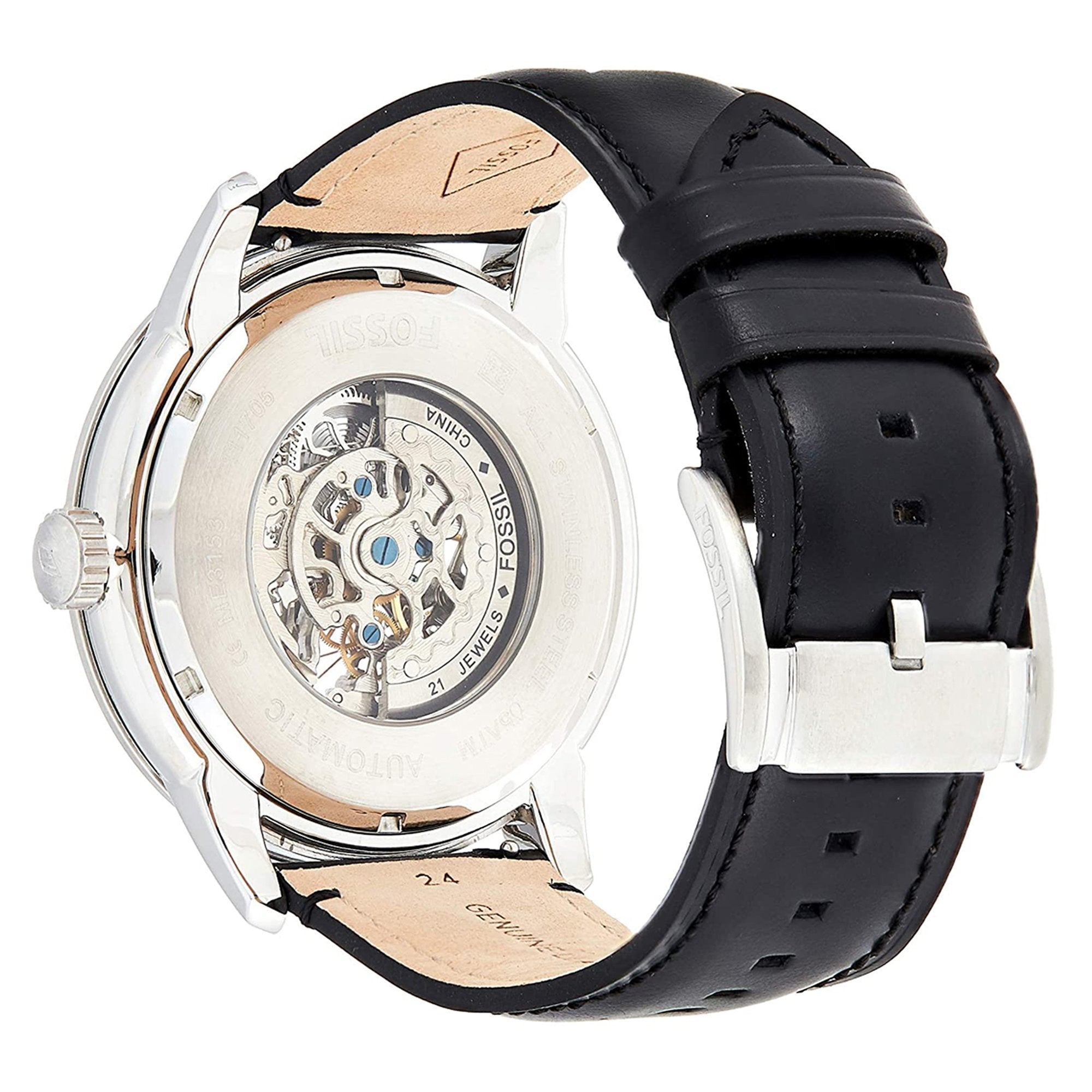Fossil Townsman watch caseback showing skeleton movement through transparent display case