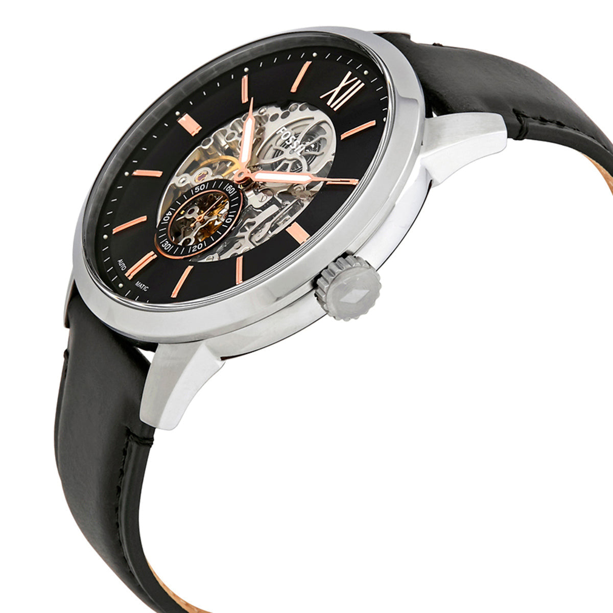Fossil Townsman watch shown at angle with visible black leather strap and exposed movement dial