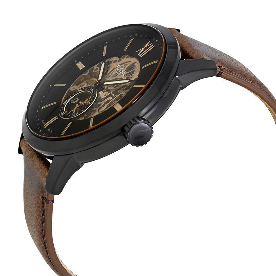Fossil Townsman ME3155 watch at angle showing black case, skeleton dial, and brown leather strap