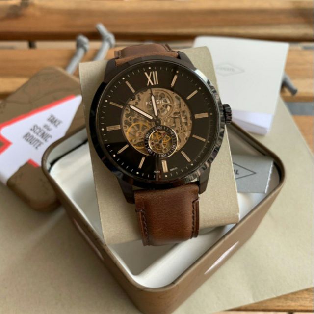 Fossil Townsman ME3155 watch displayed in Fossil branded retail box with packaging