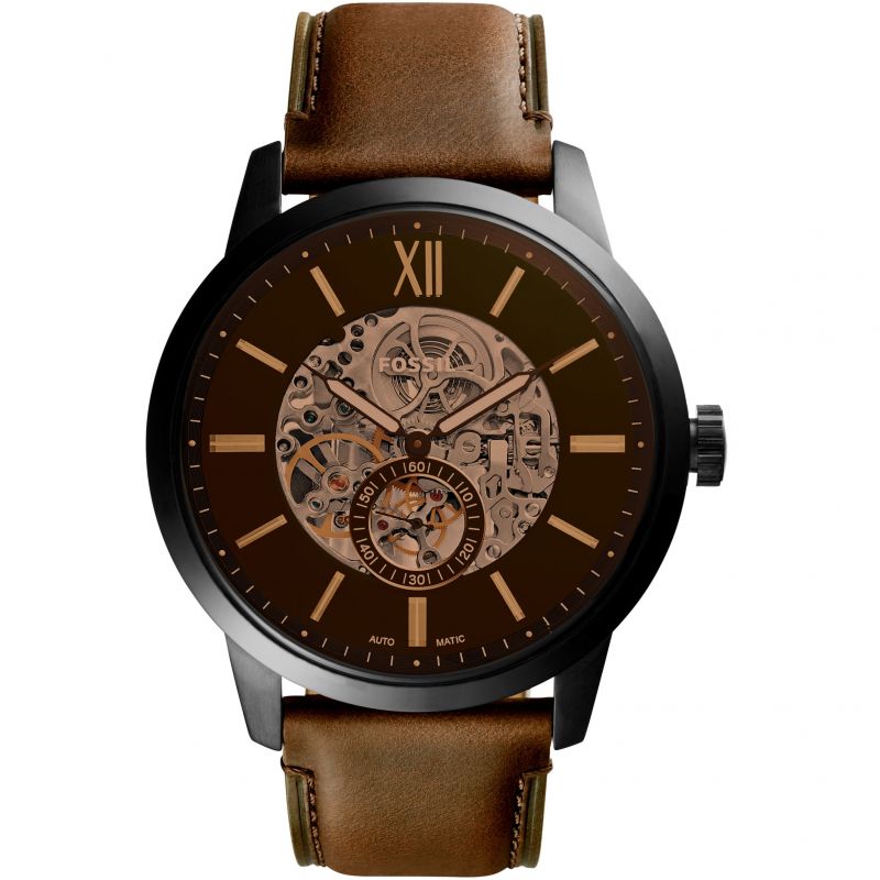 Fossil Townsman ME3155 automatic watch with black skeleton dial and brown leather strap