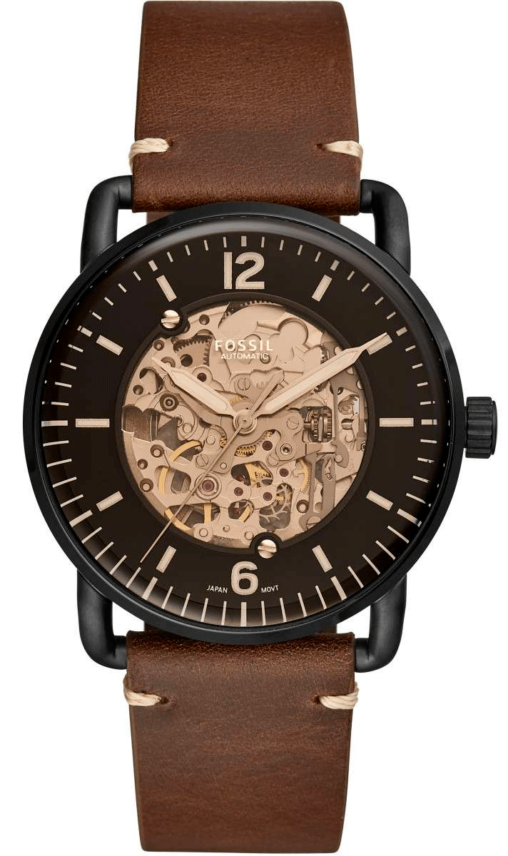 Fossil Townsman automatic watch with skeleton dial, black case, and brown leather strap