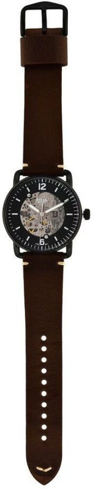 Fossil Townsman watch with brown leather strap displayed flat showing adjustable sizing