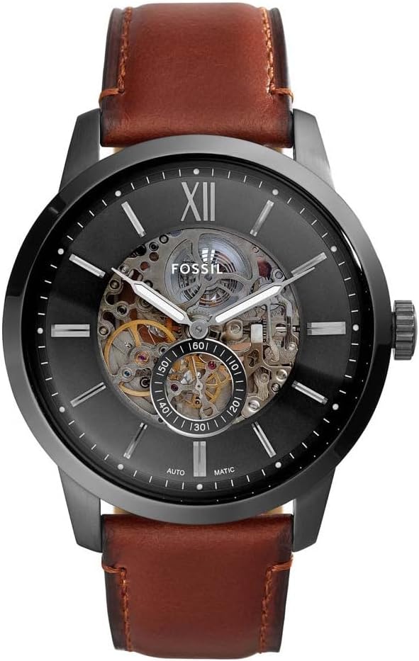 Fossil Townsman automatic skeleton watch with black dial, visible movement, and brown leather strap