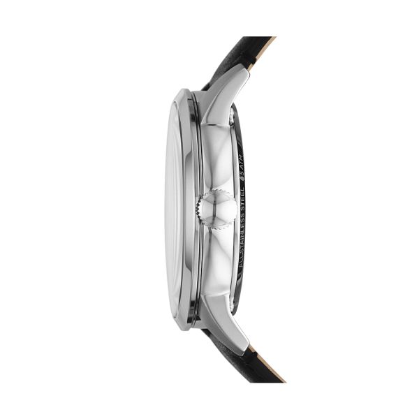 Fossil Townsman watch side profile showing silver case and black leather strap