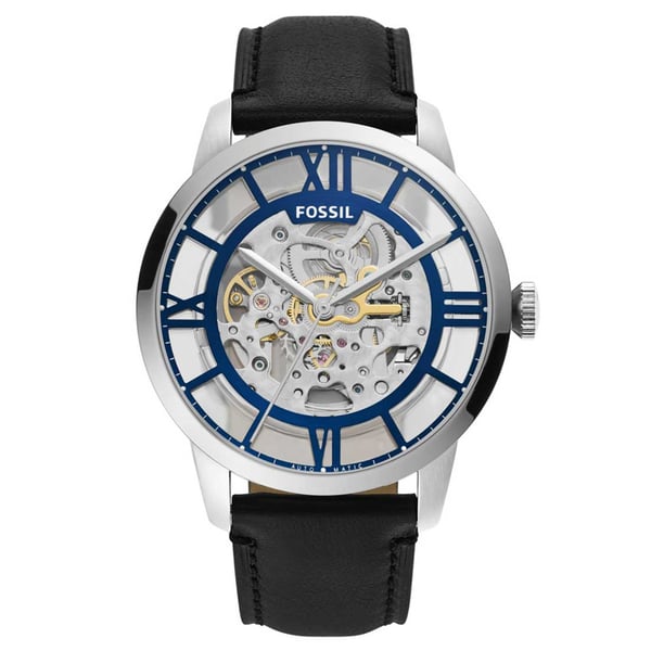 Fossil Townsman automatic watch with skeleton dial, blue Roman numerals, and black leather strap