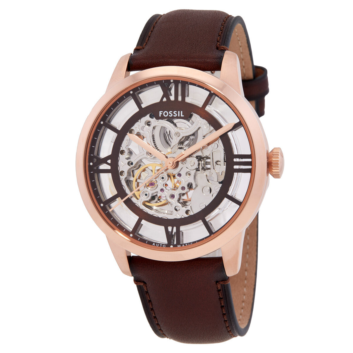 Fossil Townsman automatic watch angled view showing skeleton dial, visible gears, and Roman numerals