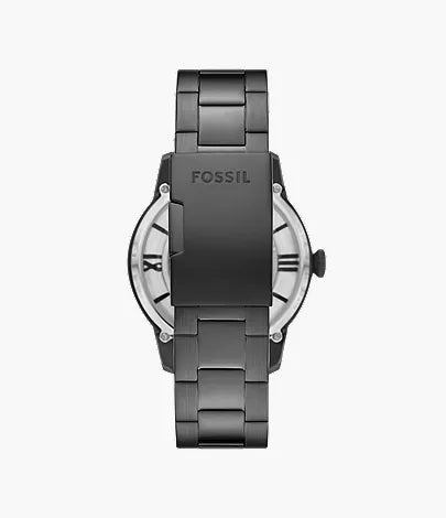 Fossil Townsman watch case back view showing smoke stainless steel bracelet and strap