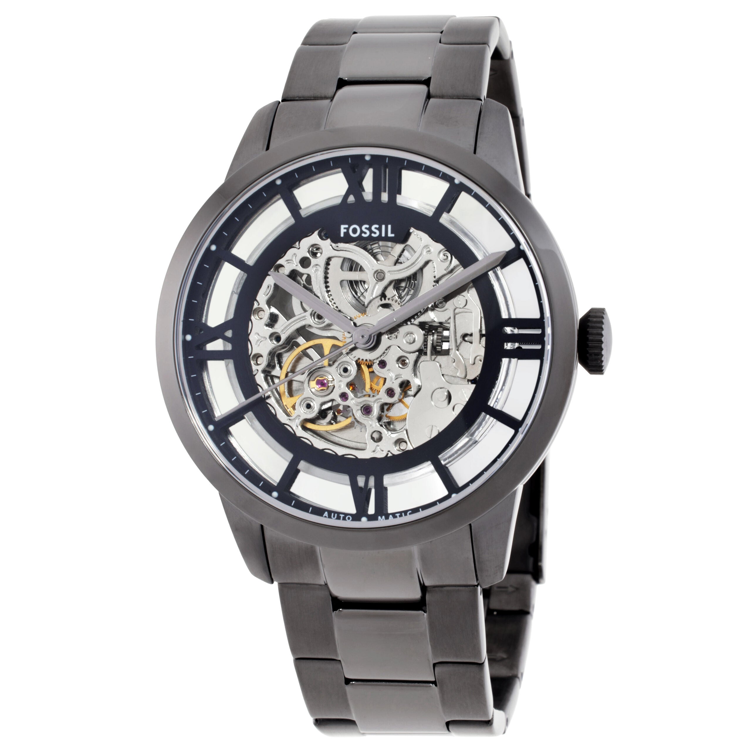 Fossil Townsman automatic men's watch with smoke stainless steel case and bracelet, skeletal dial face