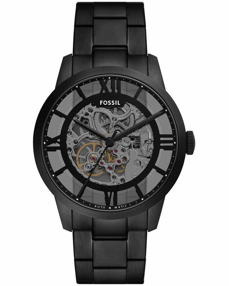 Fossil Townsman automatic men's watch with black stainless steel case and skeleton dial