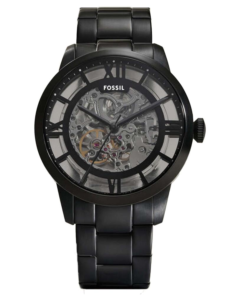 Three-quarter view of Fossil Townsman watch showing black stainless steel band and Roman numerals