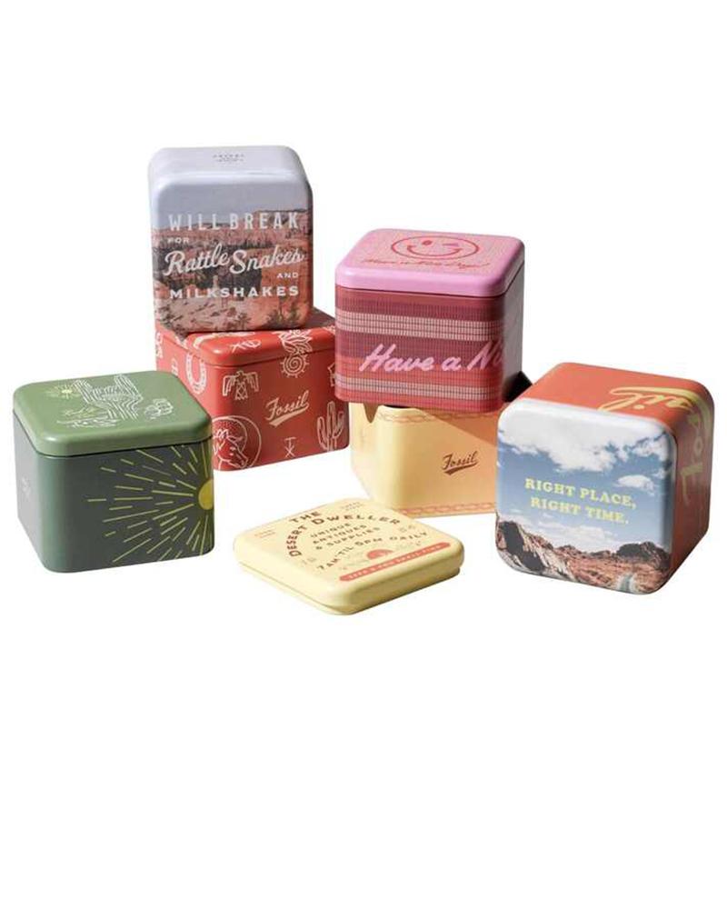 Fossil watch accessories and packaging including decorative boxes