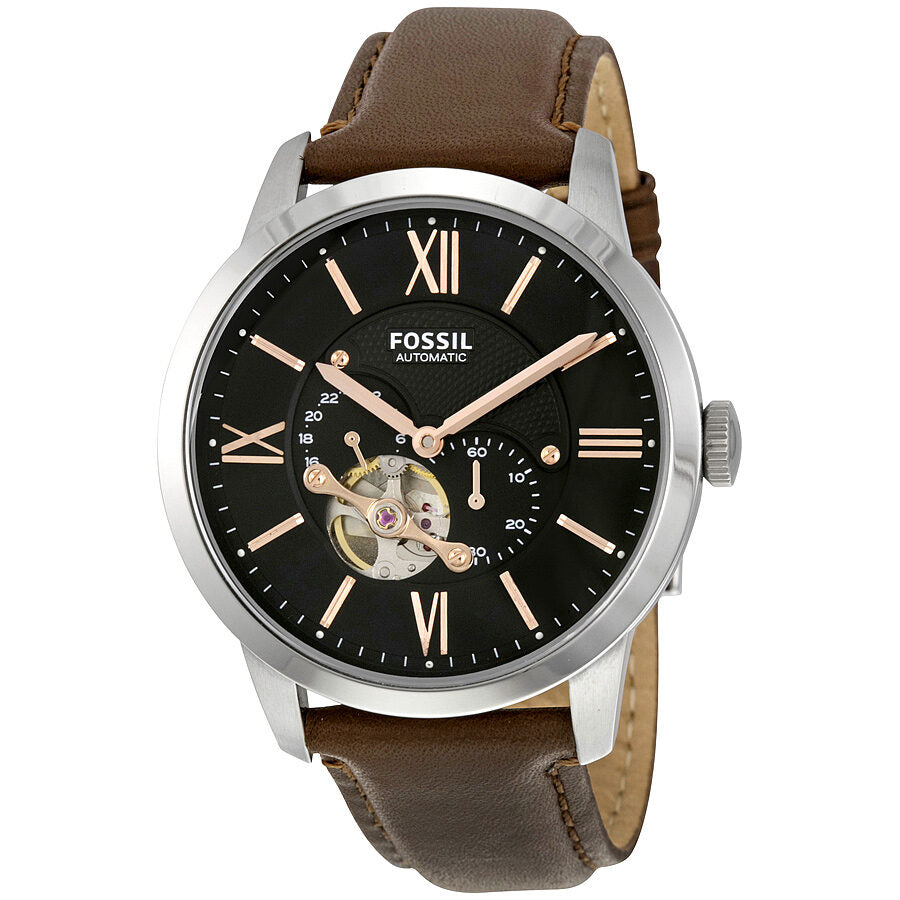 Fossil Townsman automatic watch with black dial, Roman numerals, skeleton window, brown leather strap