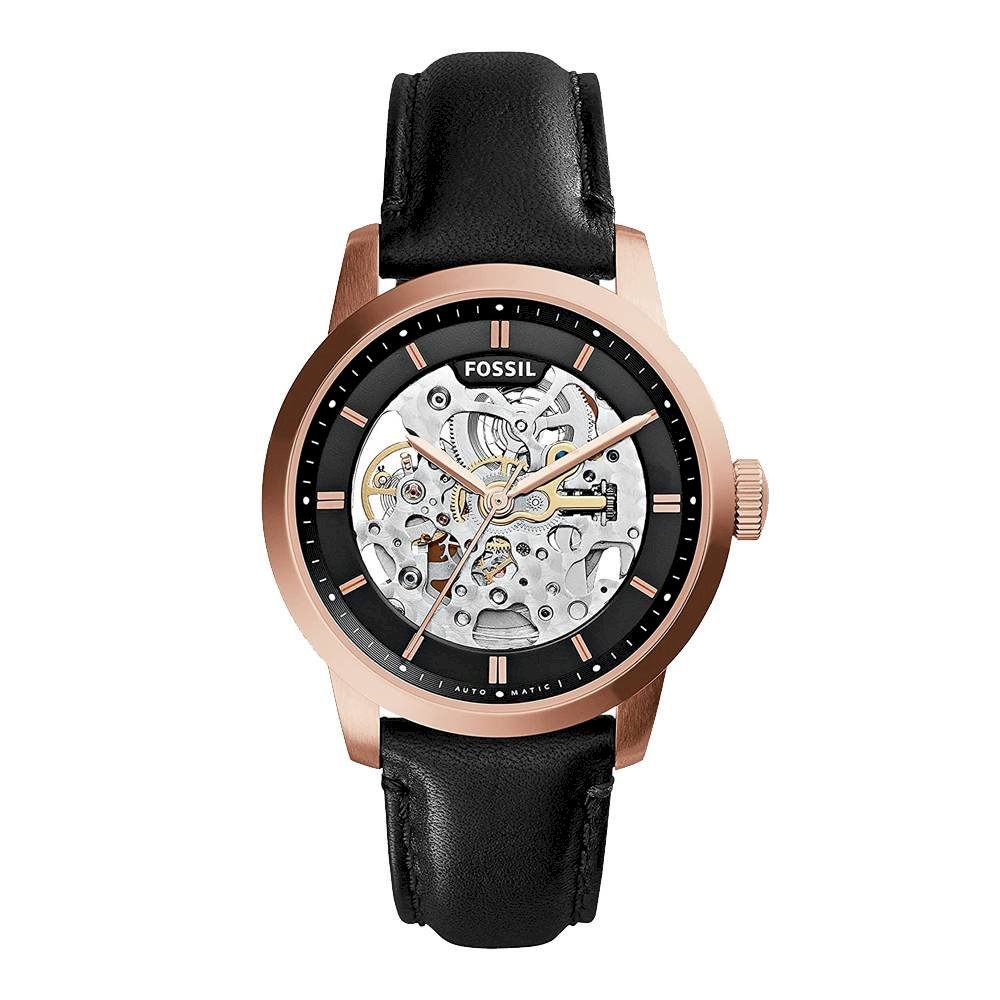 Fossil Townsman skeleton automatic men's watch with rose gold case, black dial and black leather strap